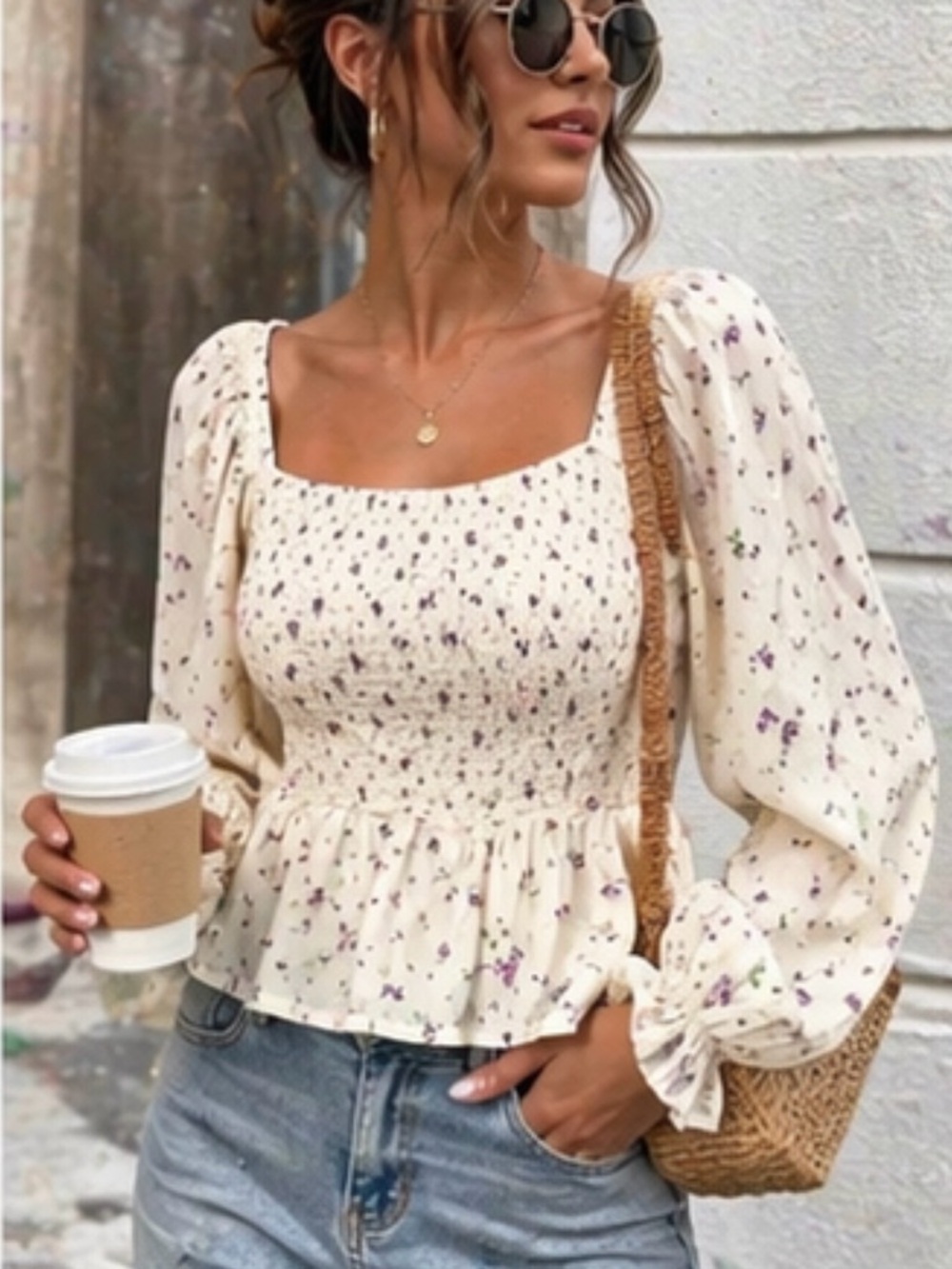 Dizzire Cream Floral Smocked Puff Sleeve Peplum Top Medium Cottagecore Boho